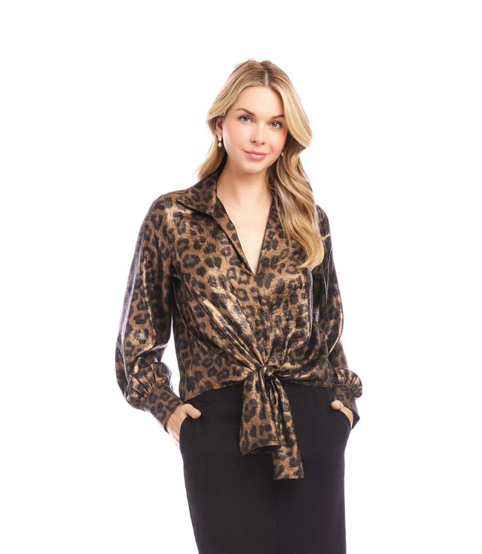 Leopard Long Sleeve Tie-Front Top