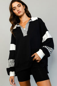 French Terry Knit Color-Block Collared Loose Fit Top