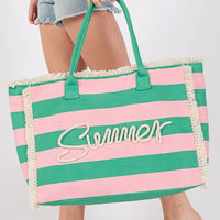 Summer Rope Text Pink and Green Striped Tote Bag