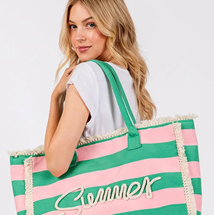 Summer Rope Text Pink and Green Striped Tote Bag