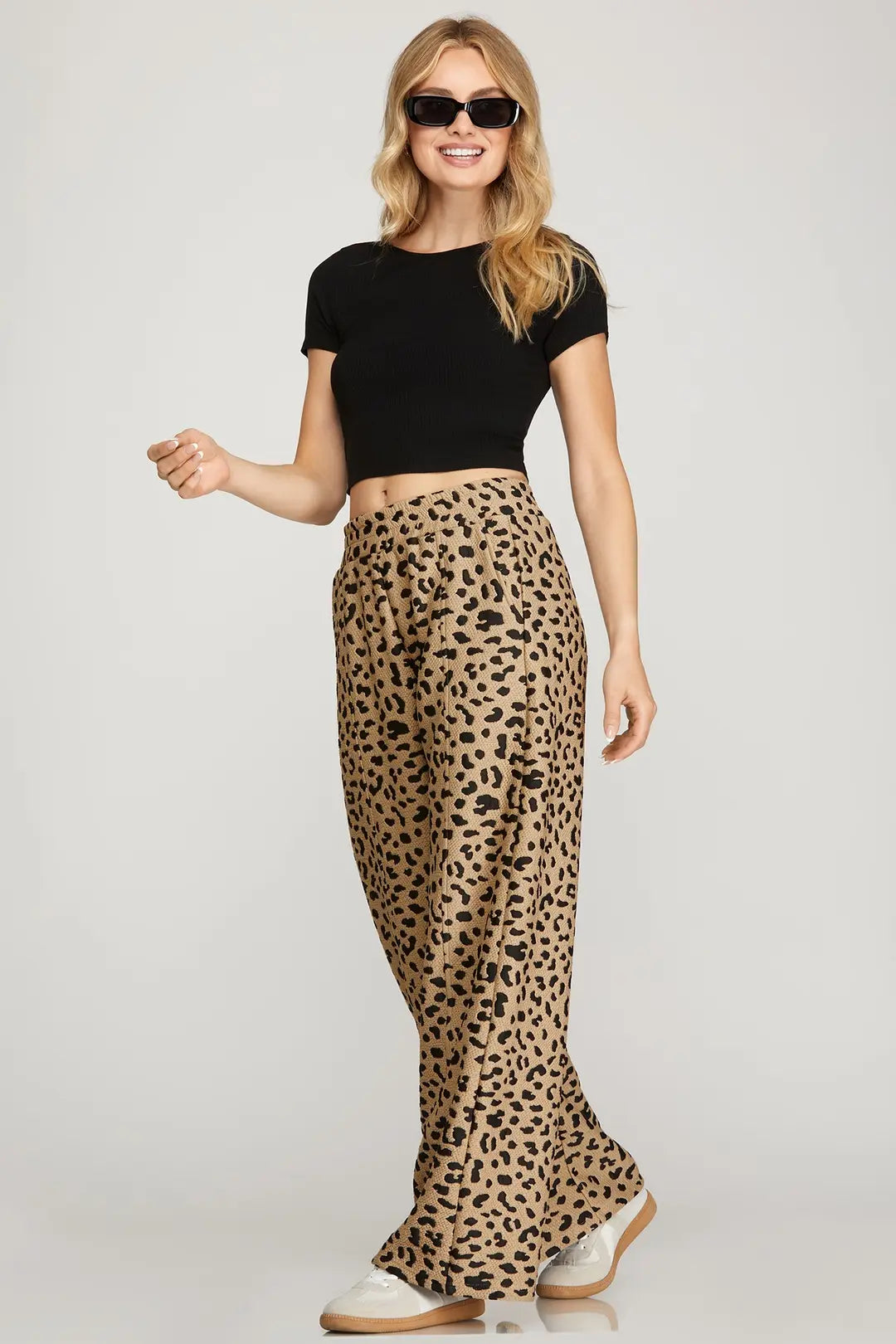 LONG WIDE-LEG TEXTURED KNIT LEOPARD PRINT PANTS