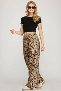 LONG WIDE-LEG TEXTURED KNIT LEOPARD PRINT PANTS