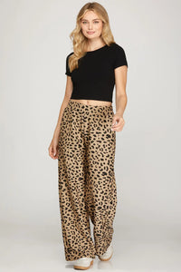 LONG WIDE-LEG TEXTURED KNIT LEOPARD PRINT PANTS