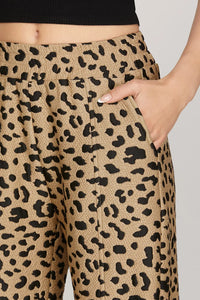 LONG WIDE-LEG TEXTURED KNIT LEOPARD PRINT PANTS