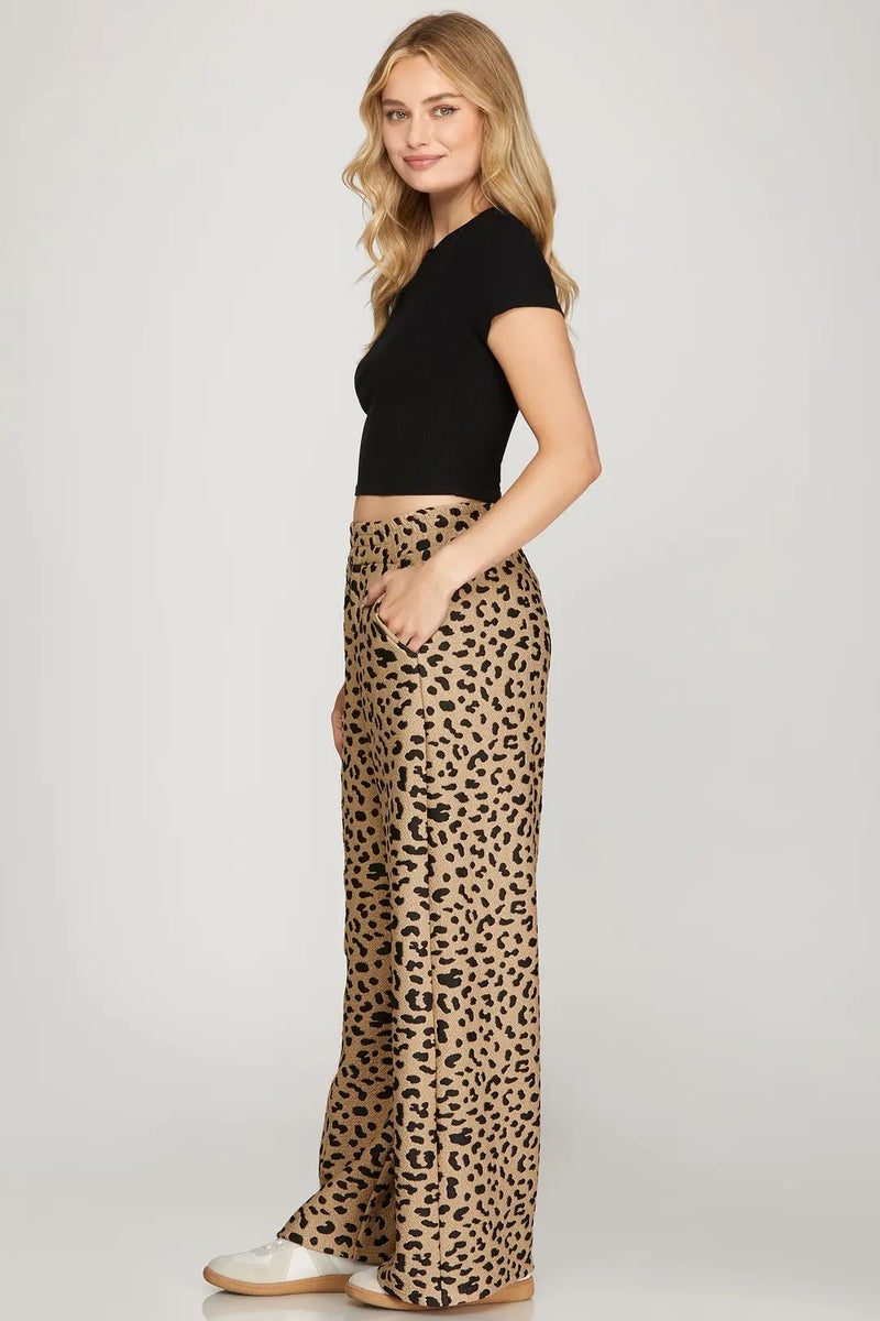 LONG WIDE-LEG TEXTURED KNIT LEOPARD PRINT PANTS