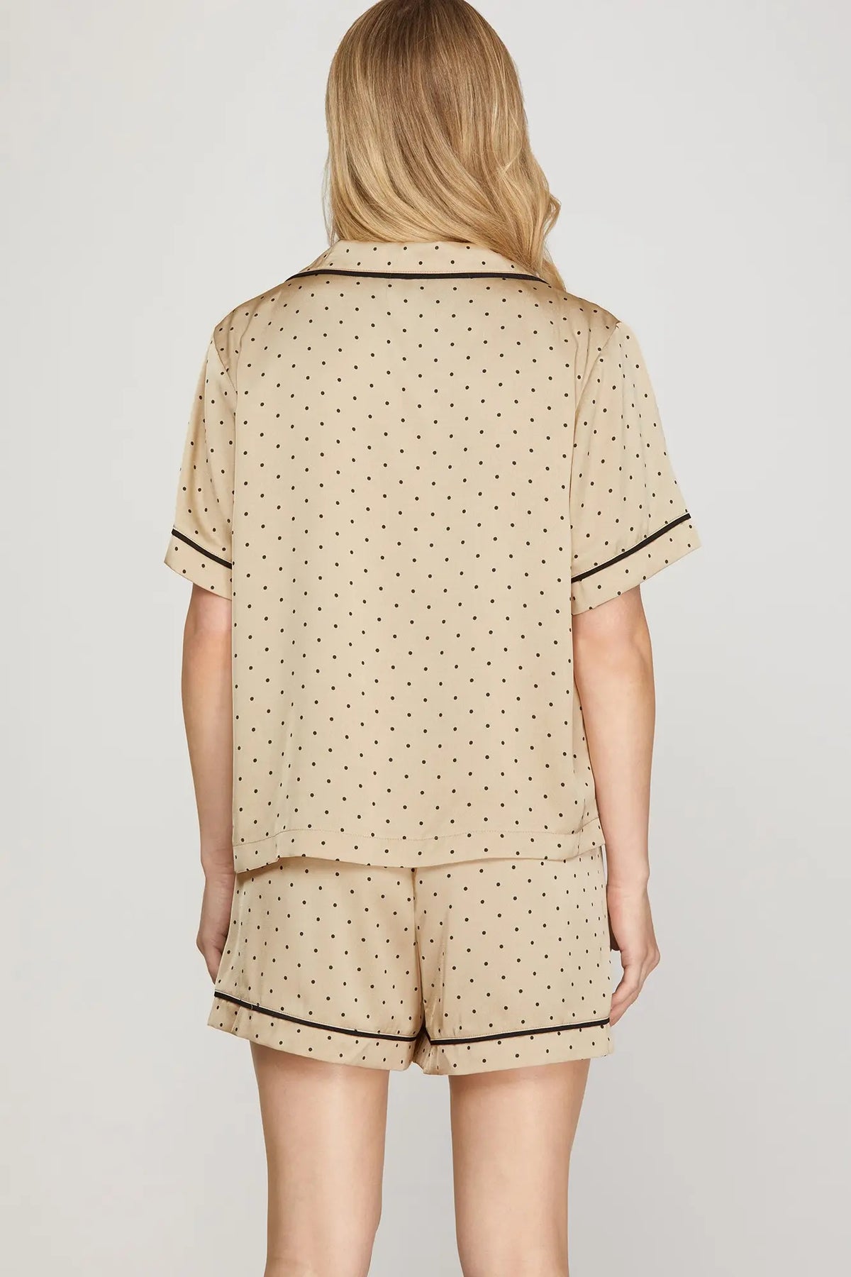 POLKADOT PRINT SHORT SLEEVE WOVEN TOP AND SHORTS PAJAMA SET
