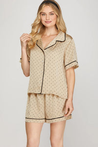 POLKADOT PRINT SHORT SLEEVE WOVEN TOP AND SHORTS PAJAMA SET