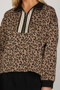 L/S HALF ZIP COLLAR WITH RIB BAND DETAIL LEOPARD PRINT TOP