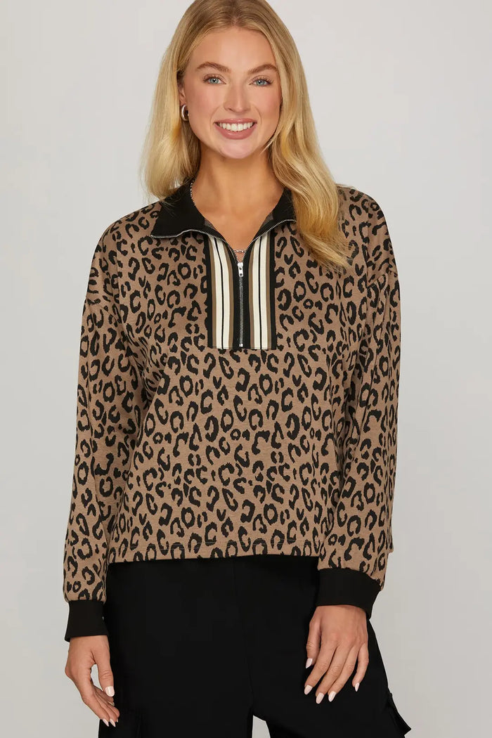 L/S HALF ZIP COLLAR WITH RIB BAND DETAIL LEOPARD PRINT TOP