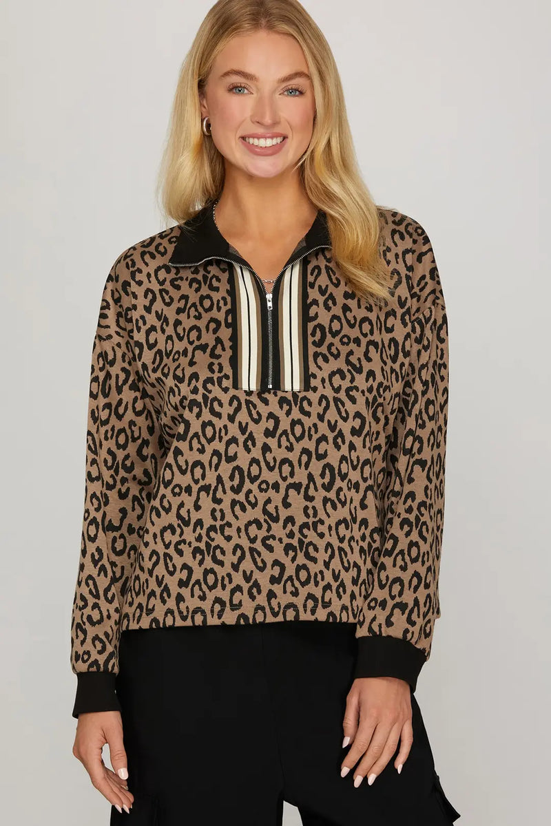 L/S HALF ZIP COLLAR WITH RIB BAND DETAIL LEOPARD PRINT TOP