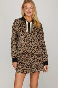 L/S HALF ZIP COLLAR WITH RIB BAND DETAIL LEOPARD PRINT TOP