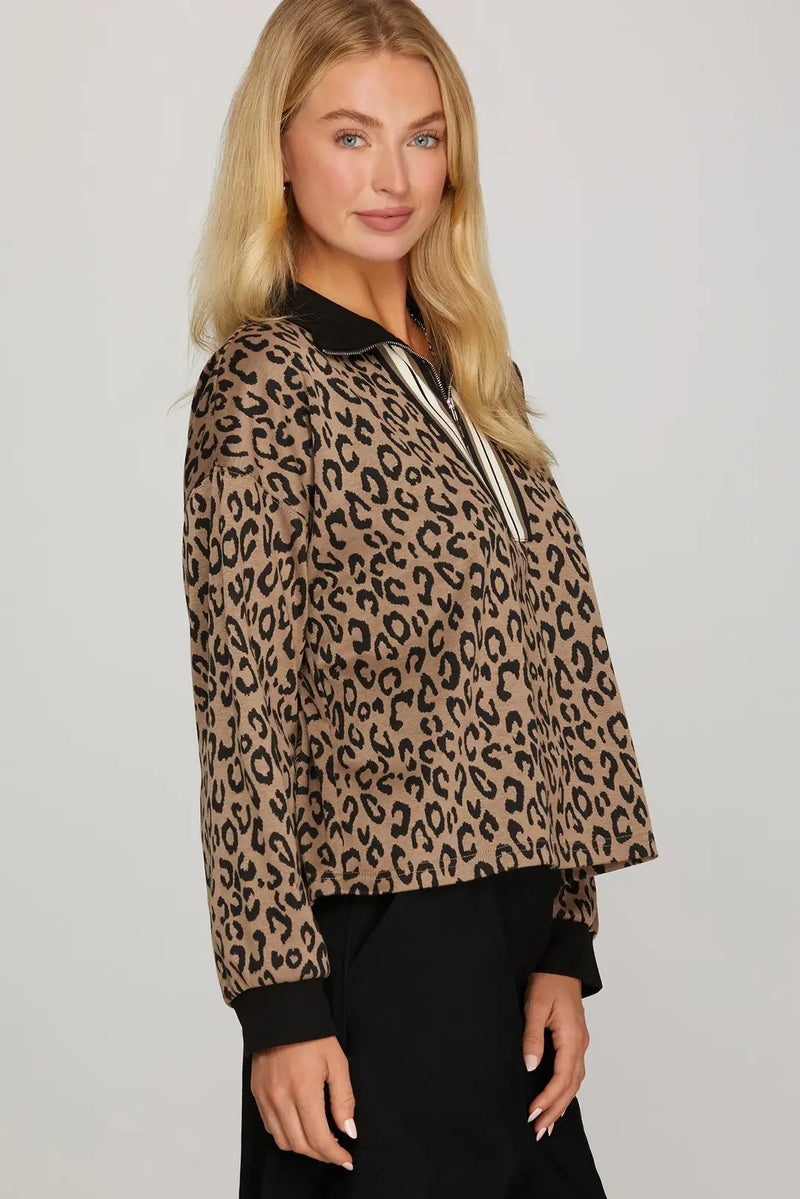 L/S HALF ZIP COLLAR WITH RIB BAND DETAIL LEOPARD PRINT TOP