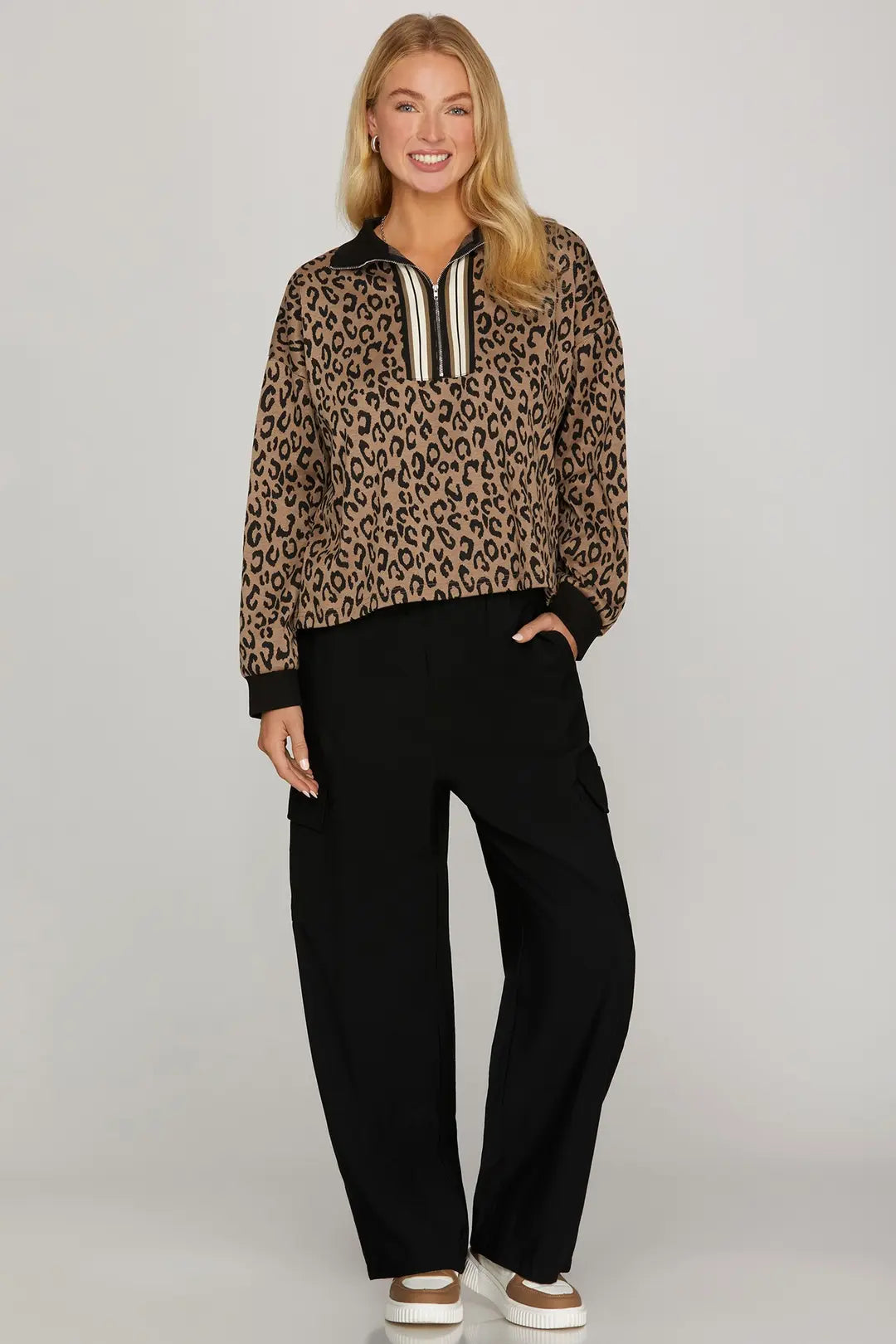 L/S HALF ZIP COLLAR WITH RIB BAND DETAIL LEOPARD PRINT TOP