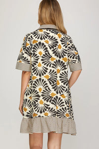 HALF SLEEVE WOVEN PRINT COLLARED V NECK MINI DRESS