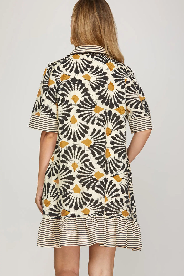 HALF SLEEVE WOVEN PRINT COLLARED V NECK MINI DRESS