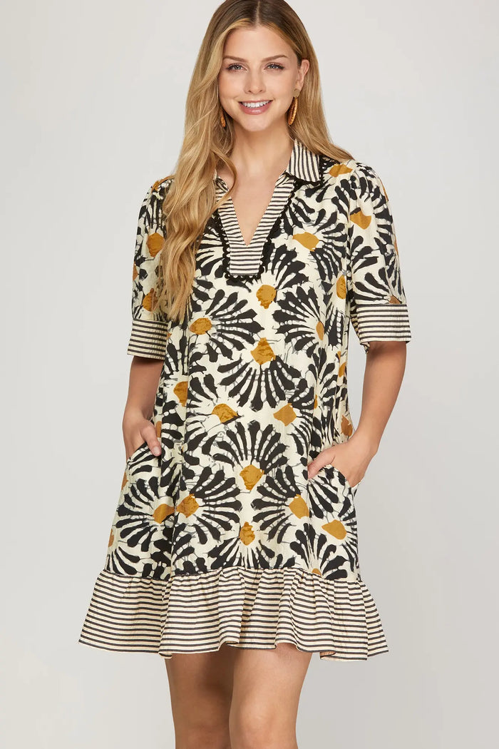 HALF SLEEVE WOVEN PRINT COLLARED V NECK MINI DRESS