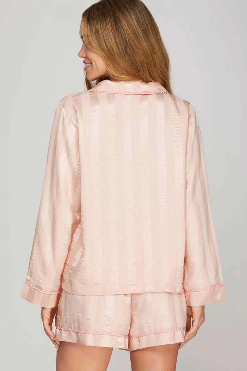 WOVEN LONG SLEEVE TOP AND SHORTS PAJAMA SET