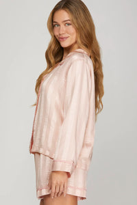 WOVEN LONG SLEEVE TOP AND SHORTS PAJAMA SET