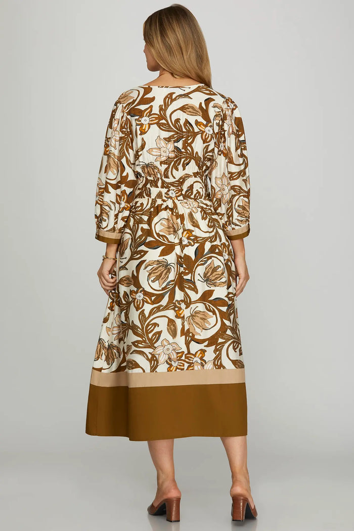 3/4 SLEEVE COLOR BLOCK DETAIL FLORAL WOVEN MIDI DRESS