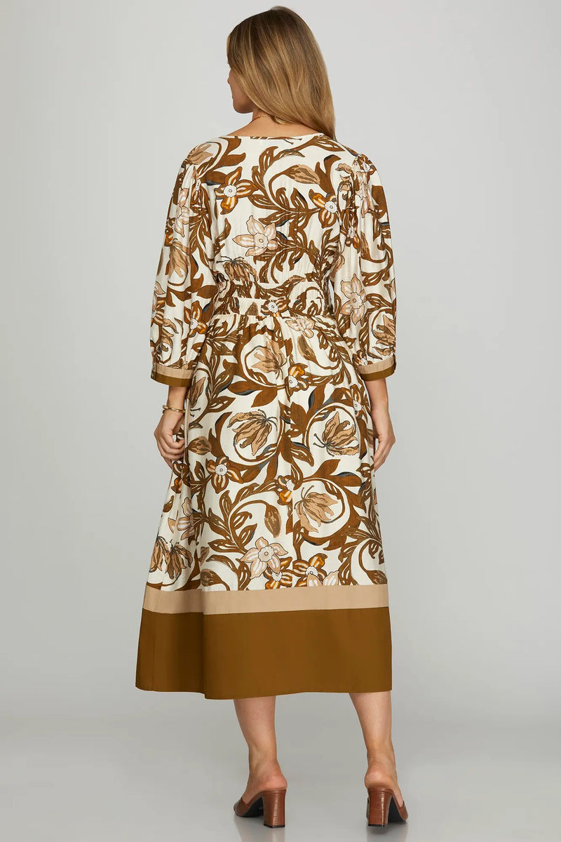 3/4 SLEEVE COLOR BLOCK DETAIL FLORAL WOVEN MIDI DRESS