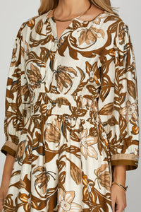 3/4 SLEEVE COLOR BLOCK DETAIL FLORAL WOVEN MIDI DRESS