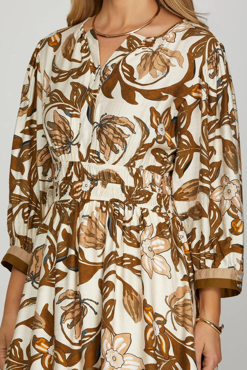 3/4 SLEEVE COLOR BLOCK DETAIL FLORAL WOVEN MIDI DRESS