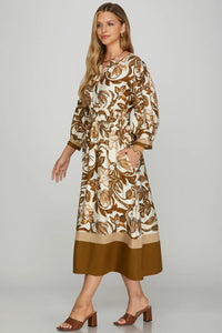 3/4 SLEEVE COLOR BLOCK DETAIL FLORAL WOVEN MIDI DRESS