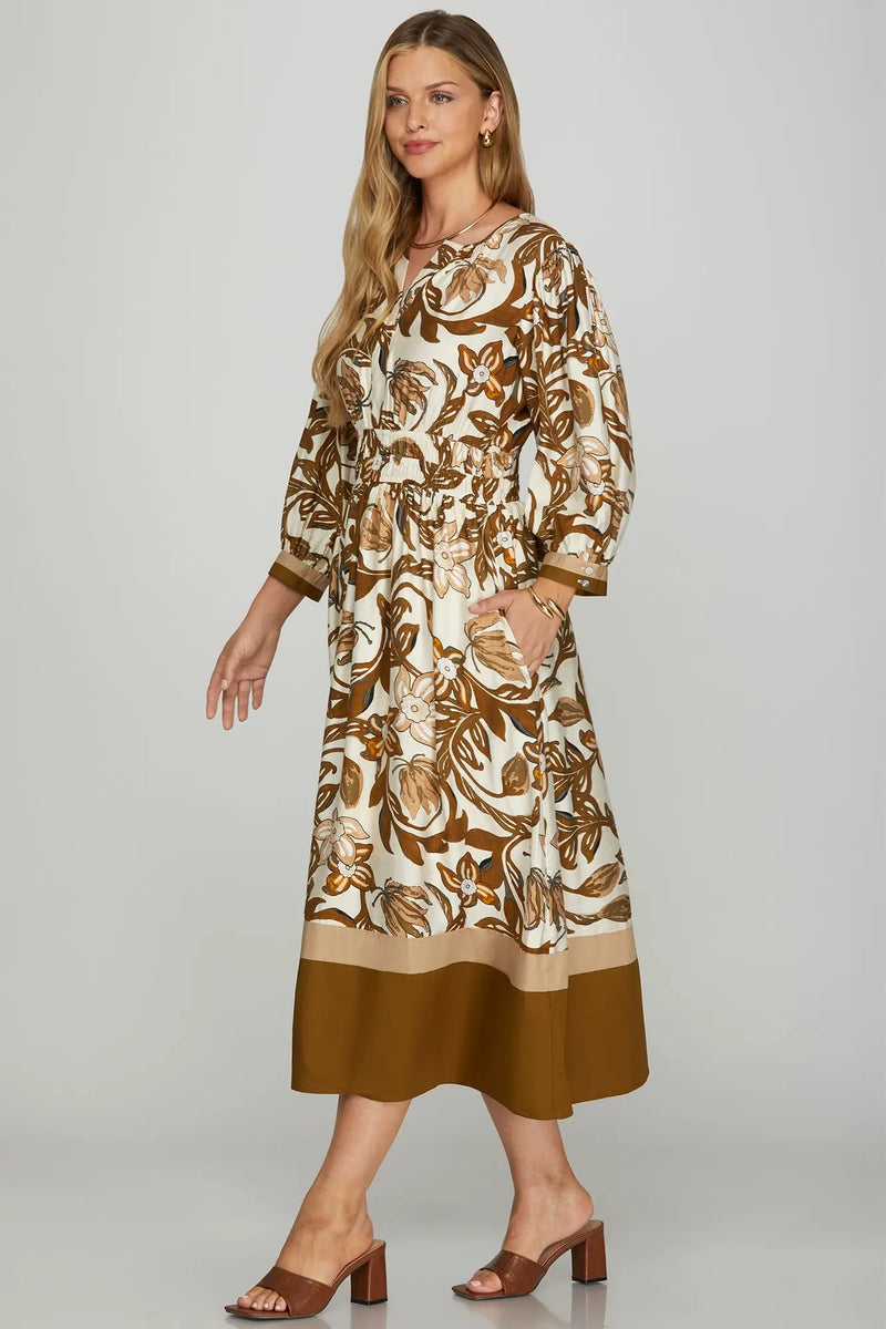 3/4 SLEEVE COLOR BLOCK DETAIL FLORAL WOVEN MIDI DRESS