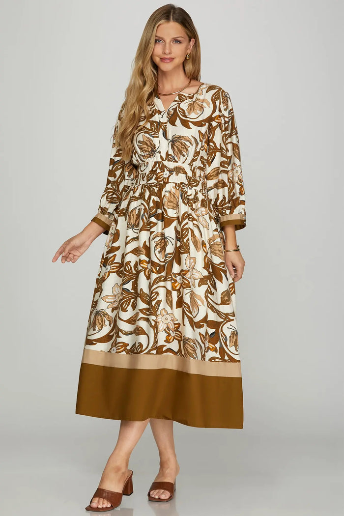 3/4 SLEEVE COLOR BLOCK DETAIL FLORAL WOVEN MIDI DRESS