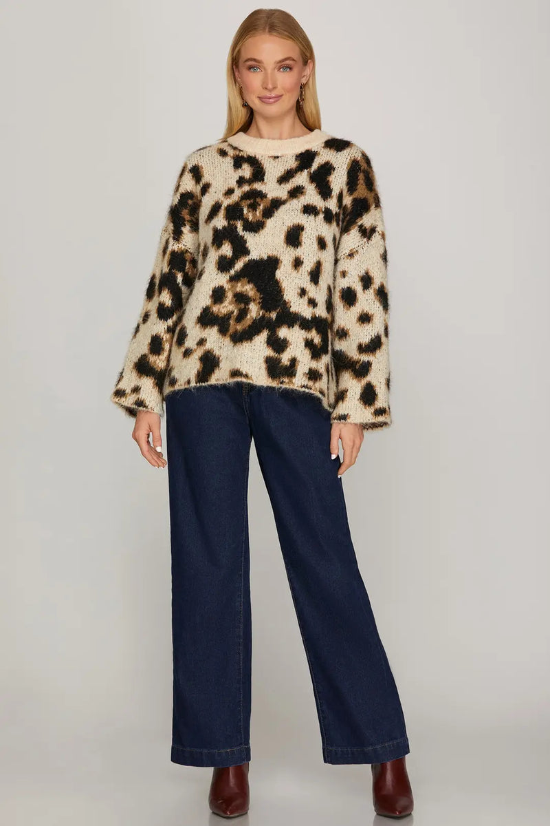 LONG SLEEVE LEOPARD PATTERN SWEATER