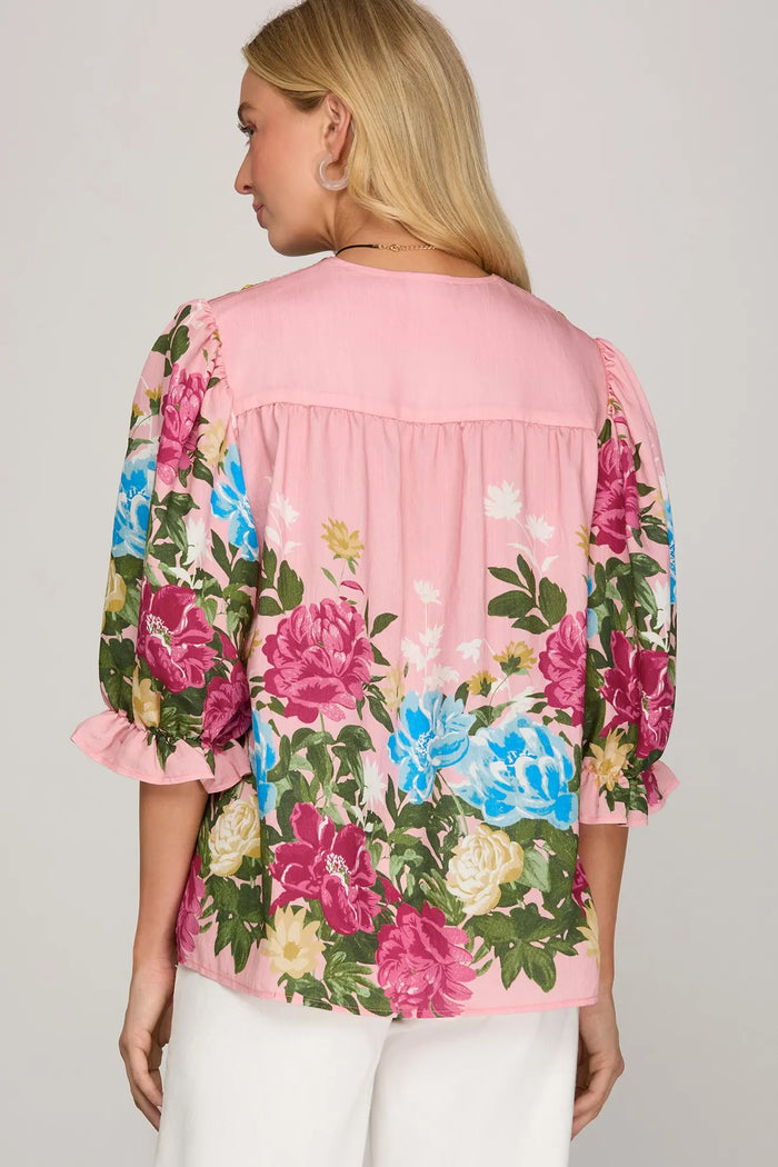 HALF PUFF SLEEVE WOVEN PRINT V NECK TOP