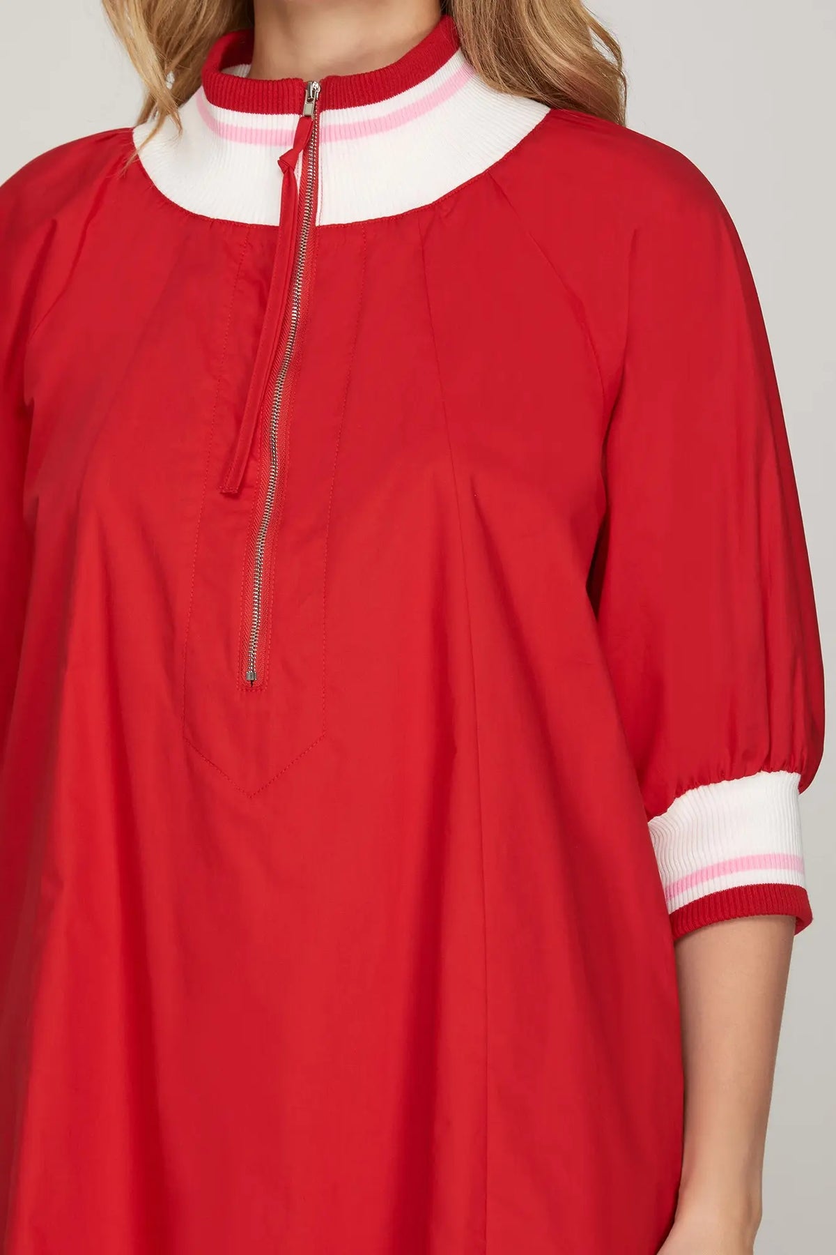 1/2 SLEEVE HALF ZIP MINI DRESS