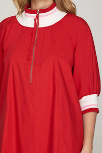 1/2 SLEEVE HALF ZIP MINI DRESS