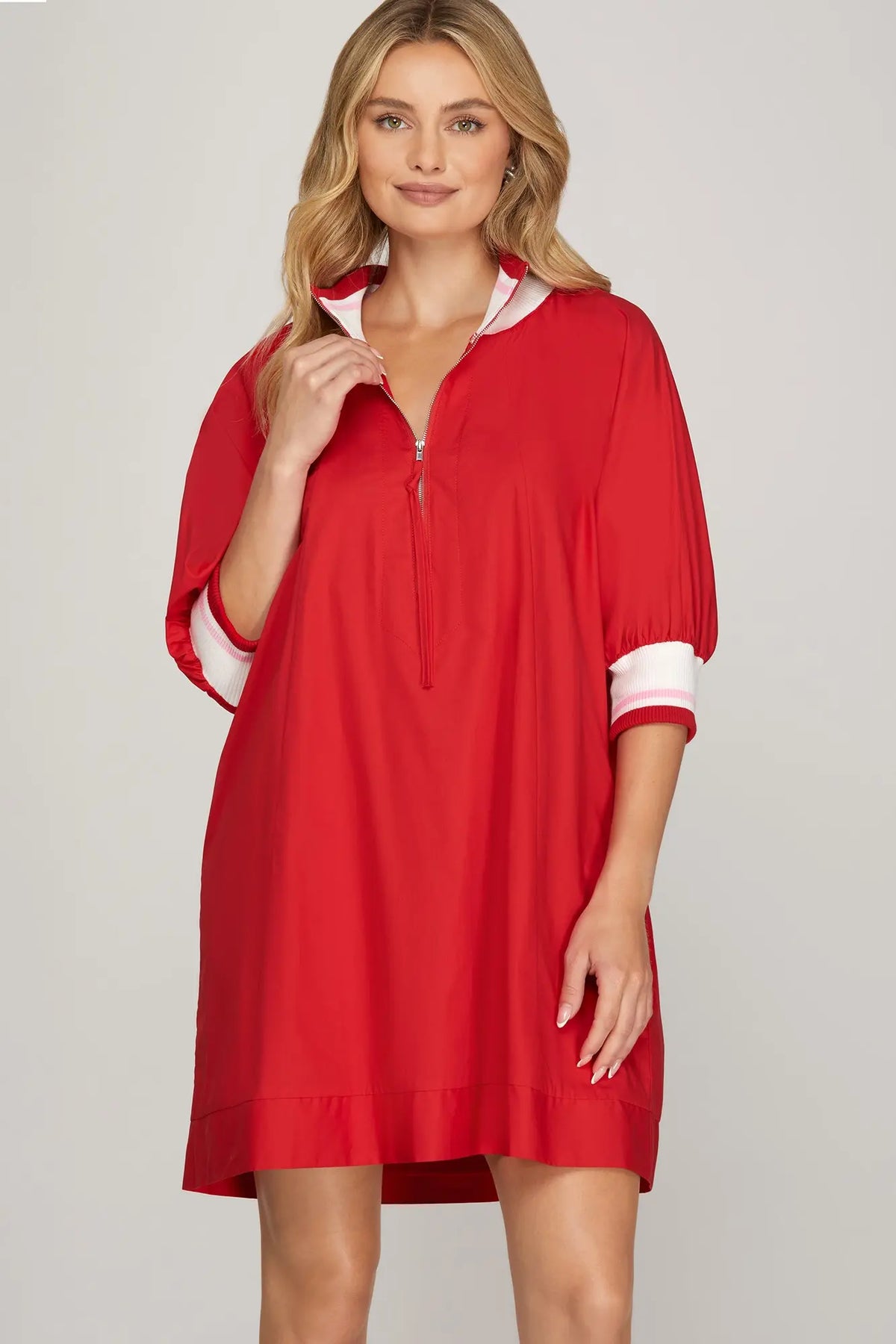 1/2 SLEEVE HALF ZIP MINI DRESS