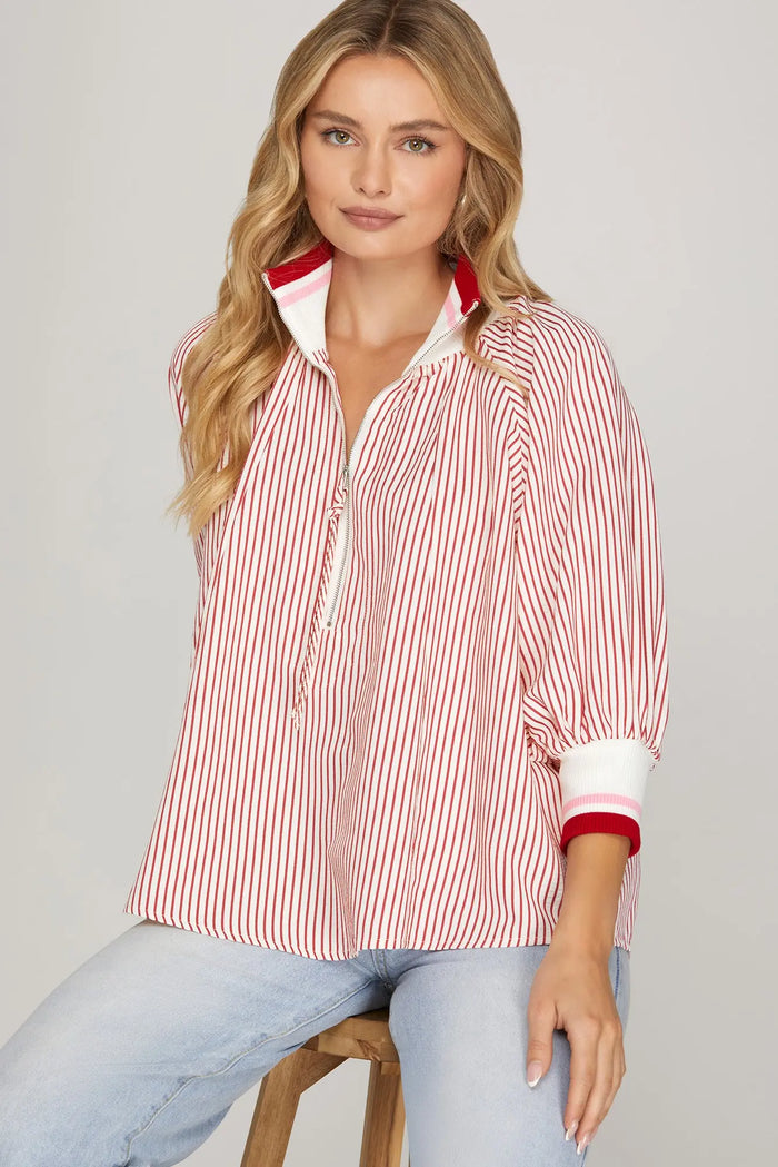3/4 SLEEVE HALF ZIP STRIPED TOP