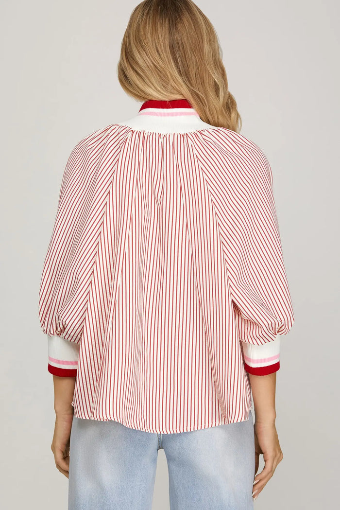 3/4 SLEEVE HALF ZIP STRIPED TOP