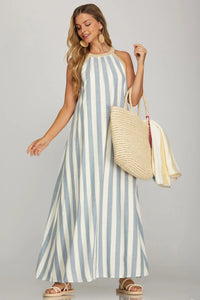 HALTER NECK WITH TRIM STRIPE WOVEN A LINE MAXI DRESS