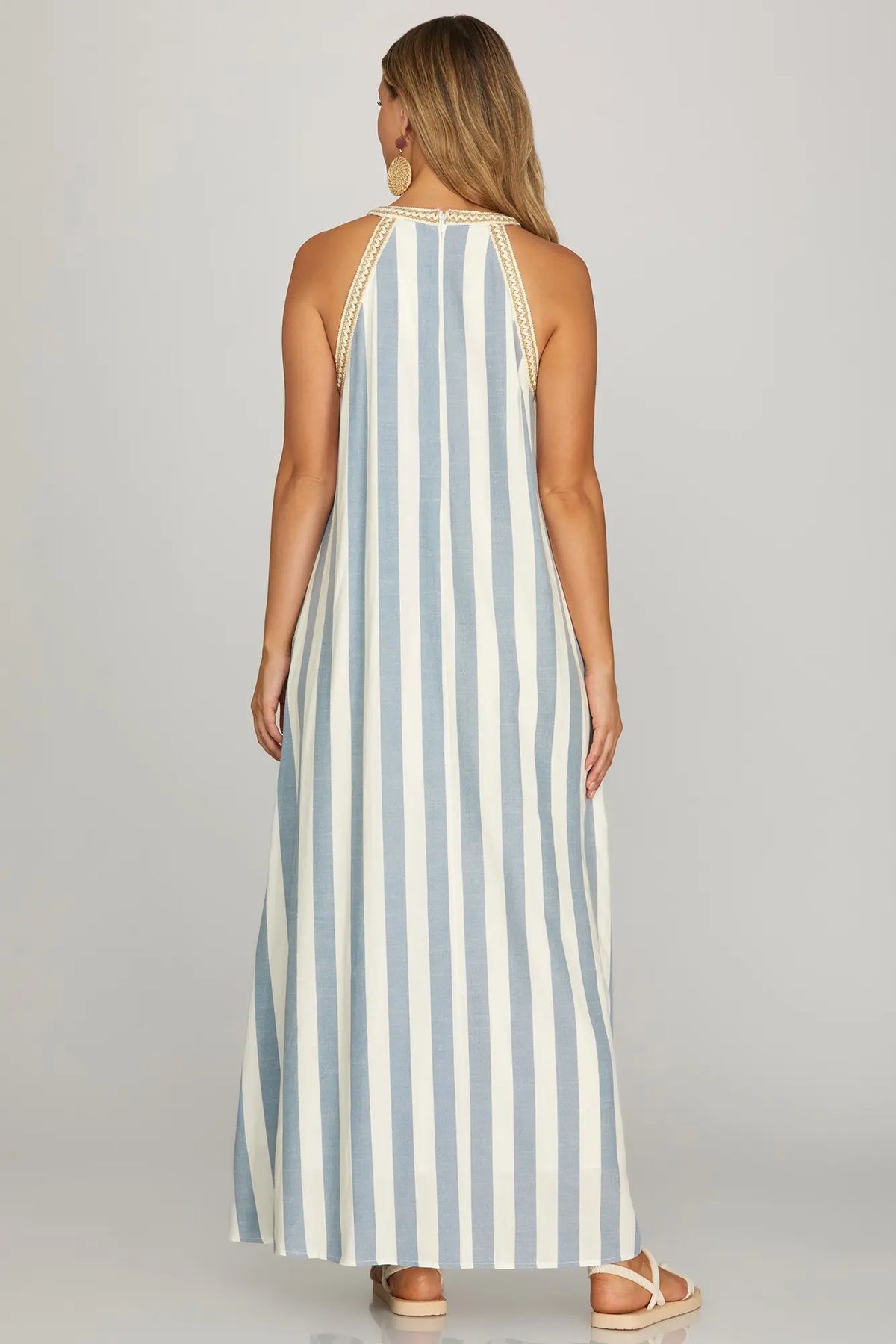 HALTER NECK WITH TRIM STRIPE WOVEN A LINE MAXI DRESS