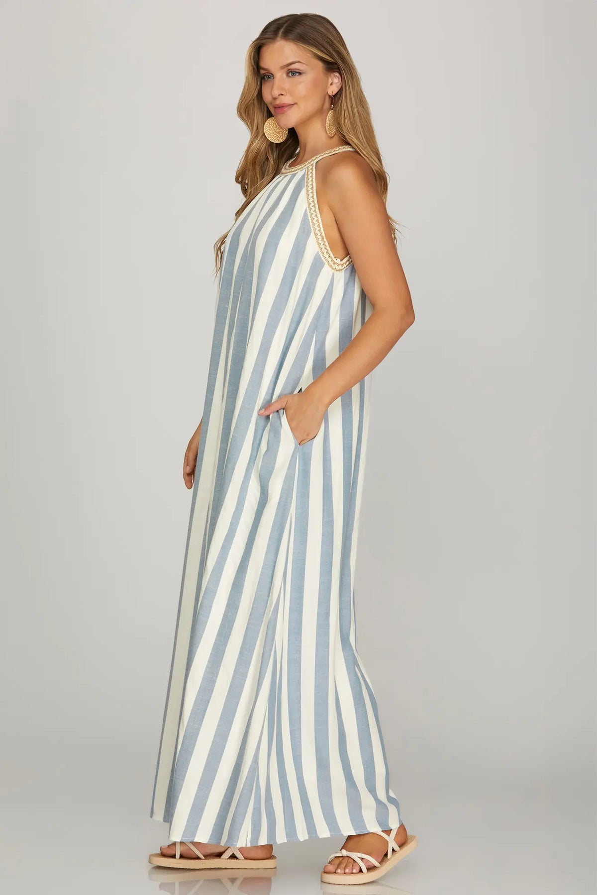 HALTER NECK WITH TRIM STRIPE WOVEN A LINE MAXI DRESS