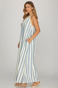 HALTER NECK WITH TRIM STRIPE WOVEN A LINE MAXI DRESS