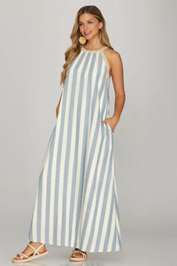 HALTER NECK WITH TRIM STRIPE WOVEN A LINE MAXI DRESS