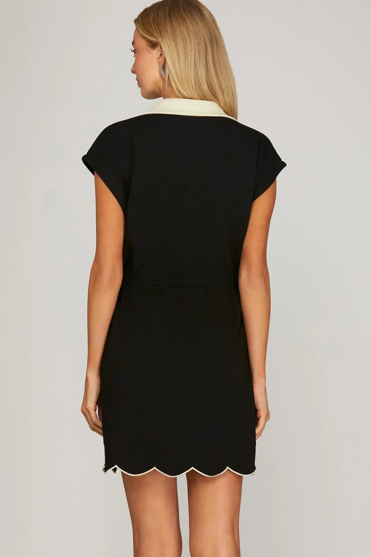 DRAWSTRING SCALLOP HEM SCUBA KNIT MINI DRESS