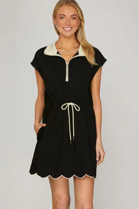 DRAWSTRING SCALLOP HEM SCUBA KNIT MINI DRESS