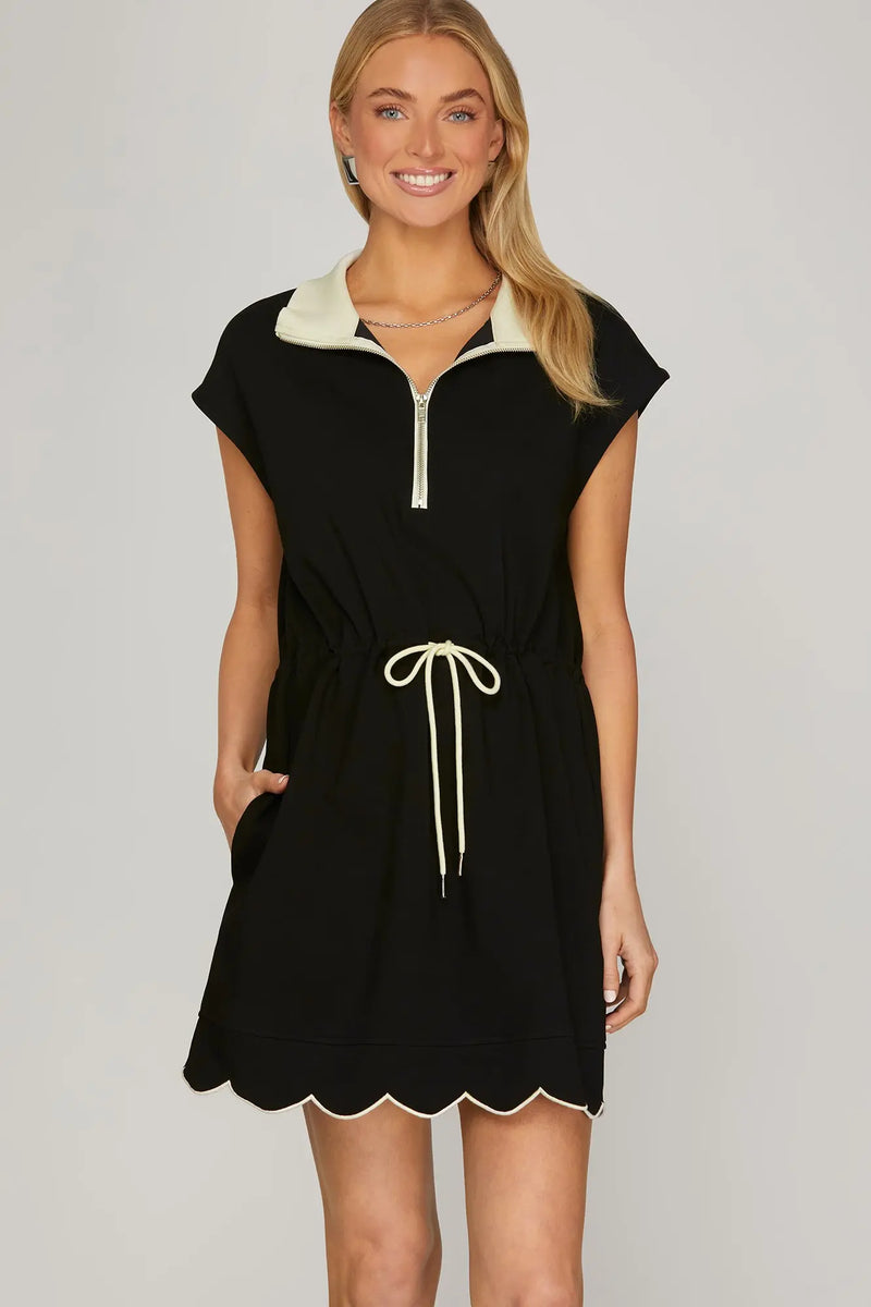 DRAWSTRING SCALLOP HEM SCUBA KNIT MINI DRESS – Rosegate