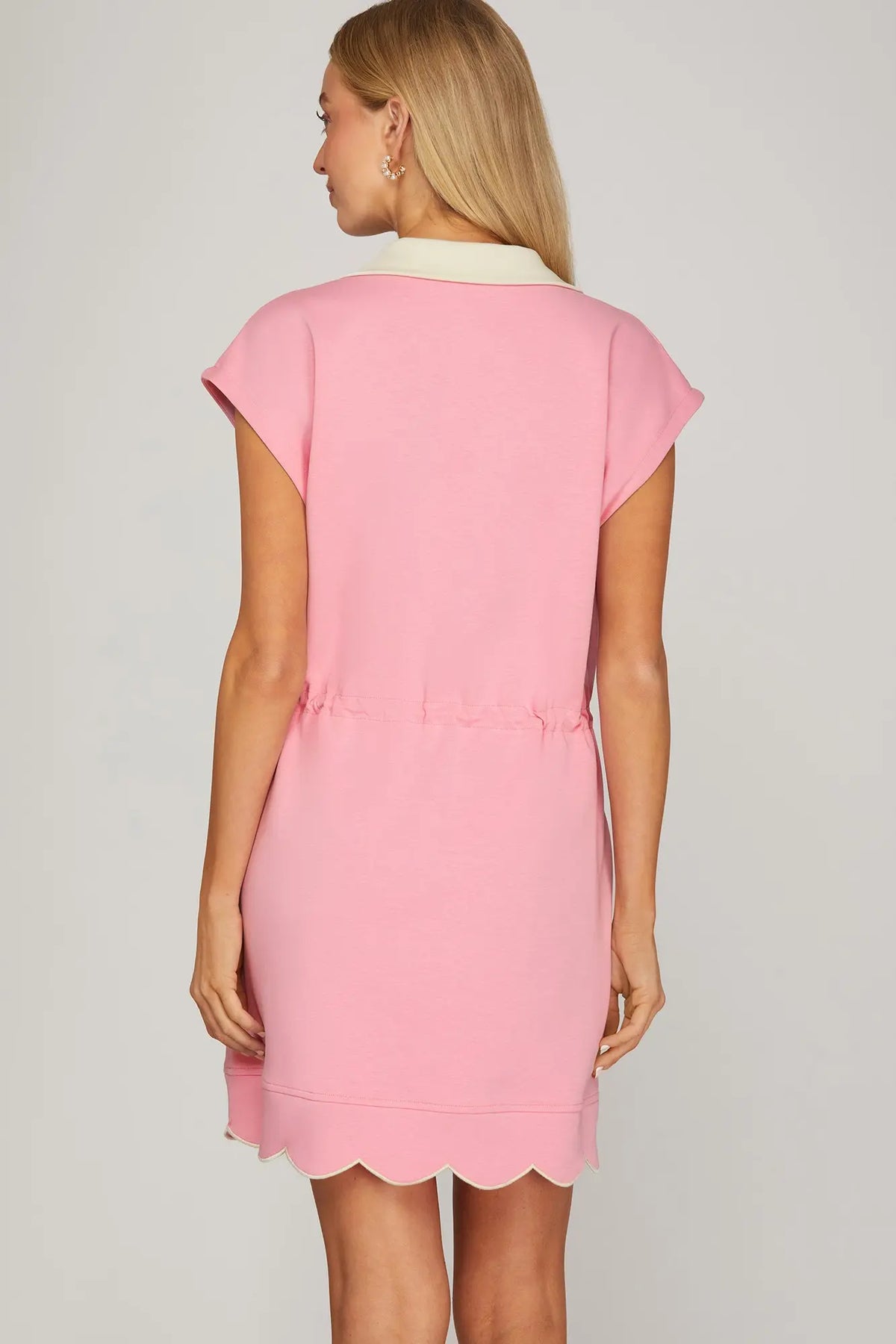 DRAWSTRING SCALLOP HEM SCUBA KNIT MINI DRESS