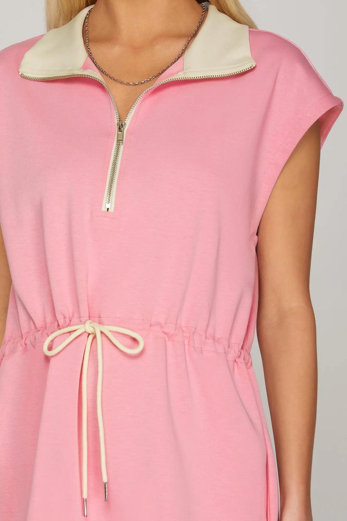 DRAWSTRING SCALLOP HEM SCUBA KNIT MINI DRESS