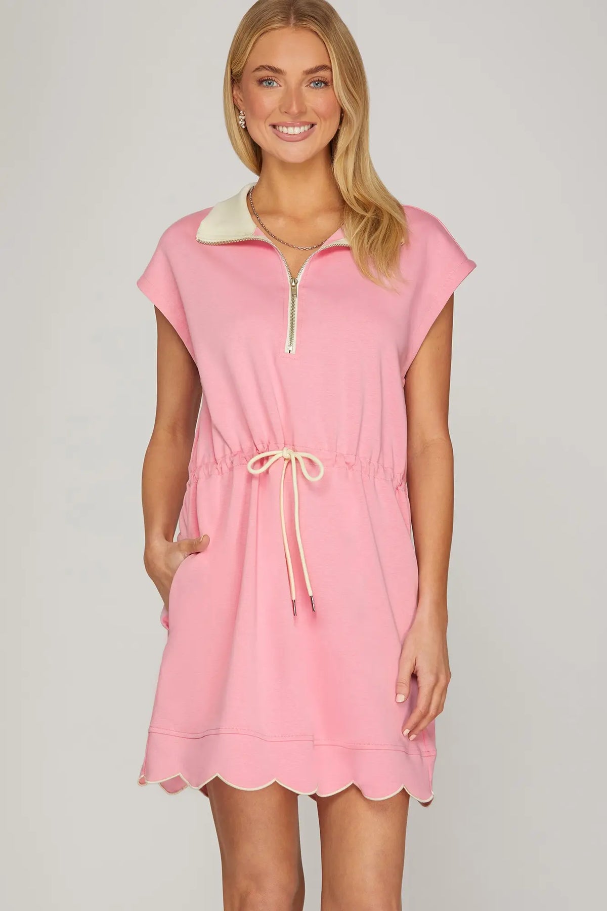 DRAWSTRING SCALLOP HEM SCUBA KNIT MINI DRESS