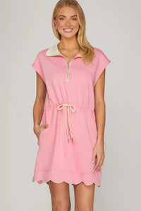 DRAWSTRING SCALLOP HEM SCUBA KNIT MINI DRESS