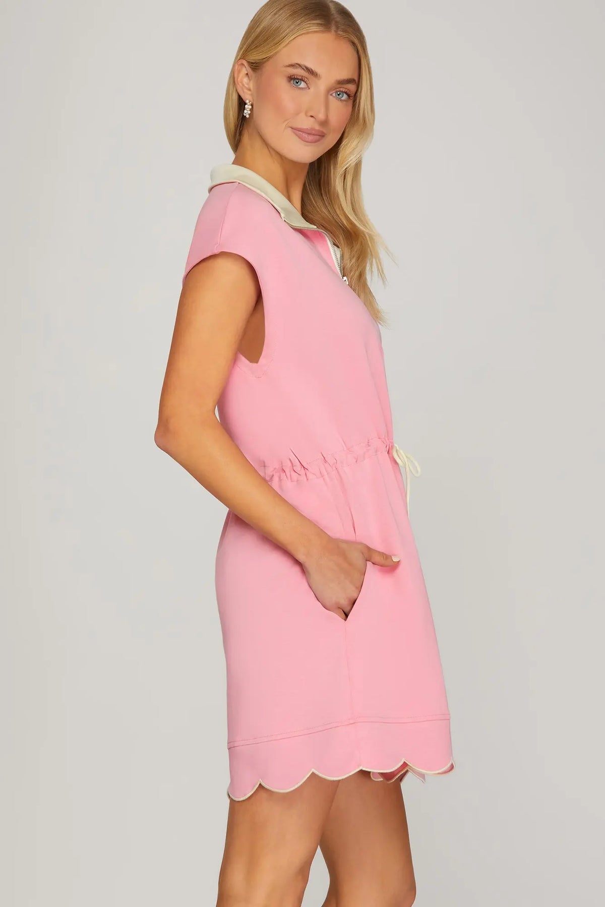 DRAWSTRING SCALLOP HEM SCUBA KNIT MINI DRESS
