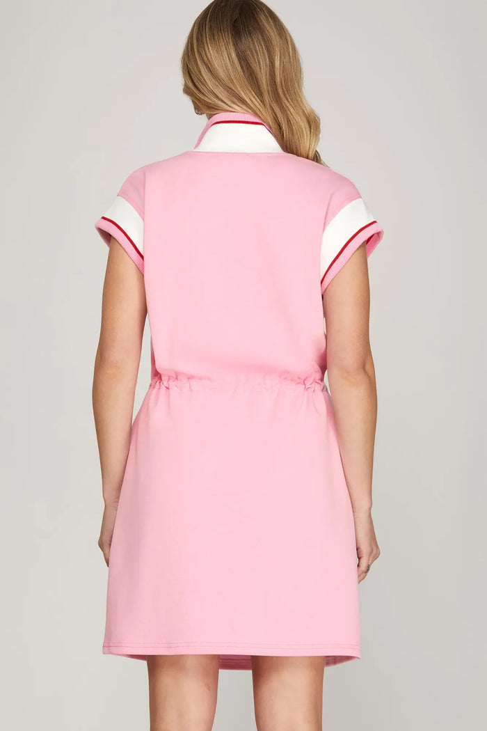 HALF ZIP WAIST DRAWSTRING KNIT MINI DRESS